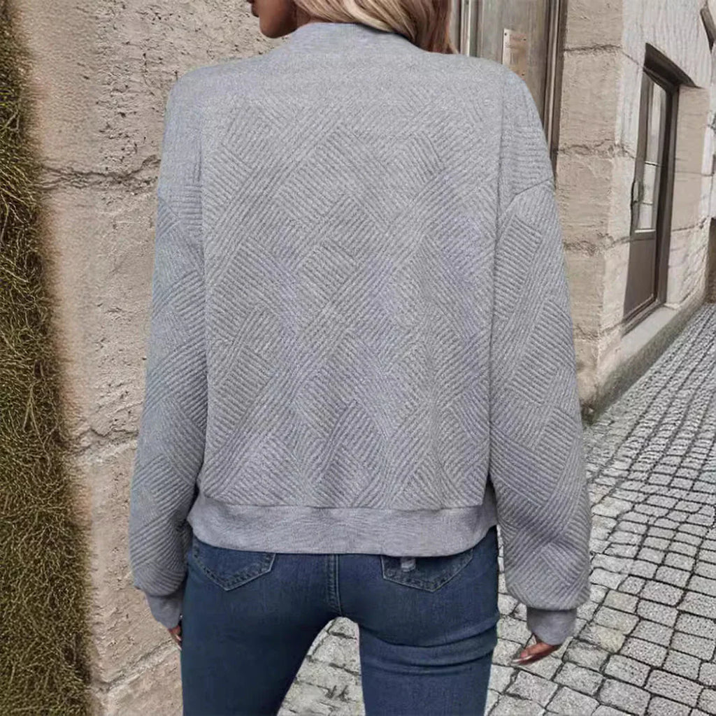 New Fashionable Plaid Zipper Round Neck Long Sleeve Jacket Women