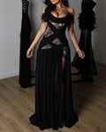 Off-Shoulder Lace Corset Chiffon Thigh Slit Maxi Dress