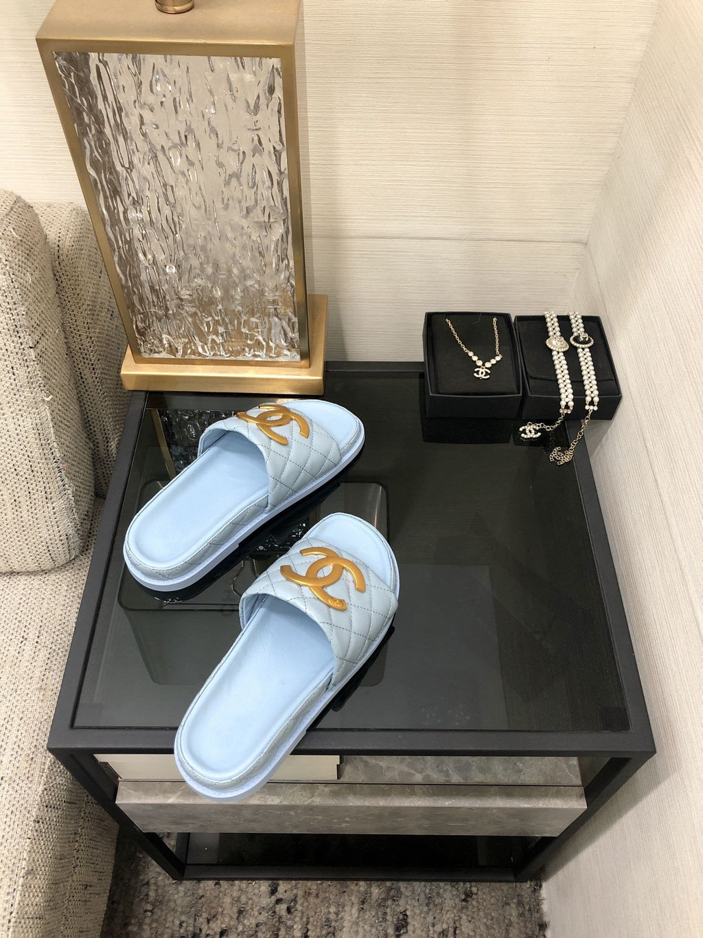 mule sandal 30 cloud blue quilted waxed leather