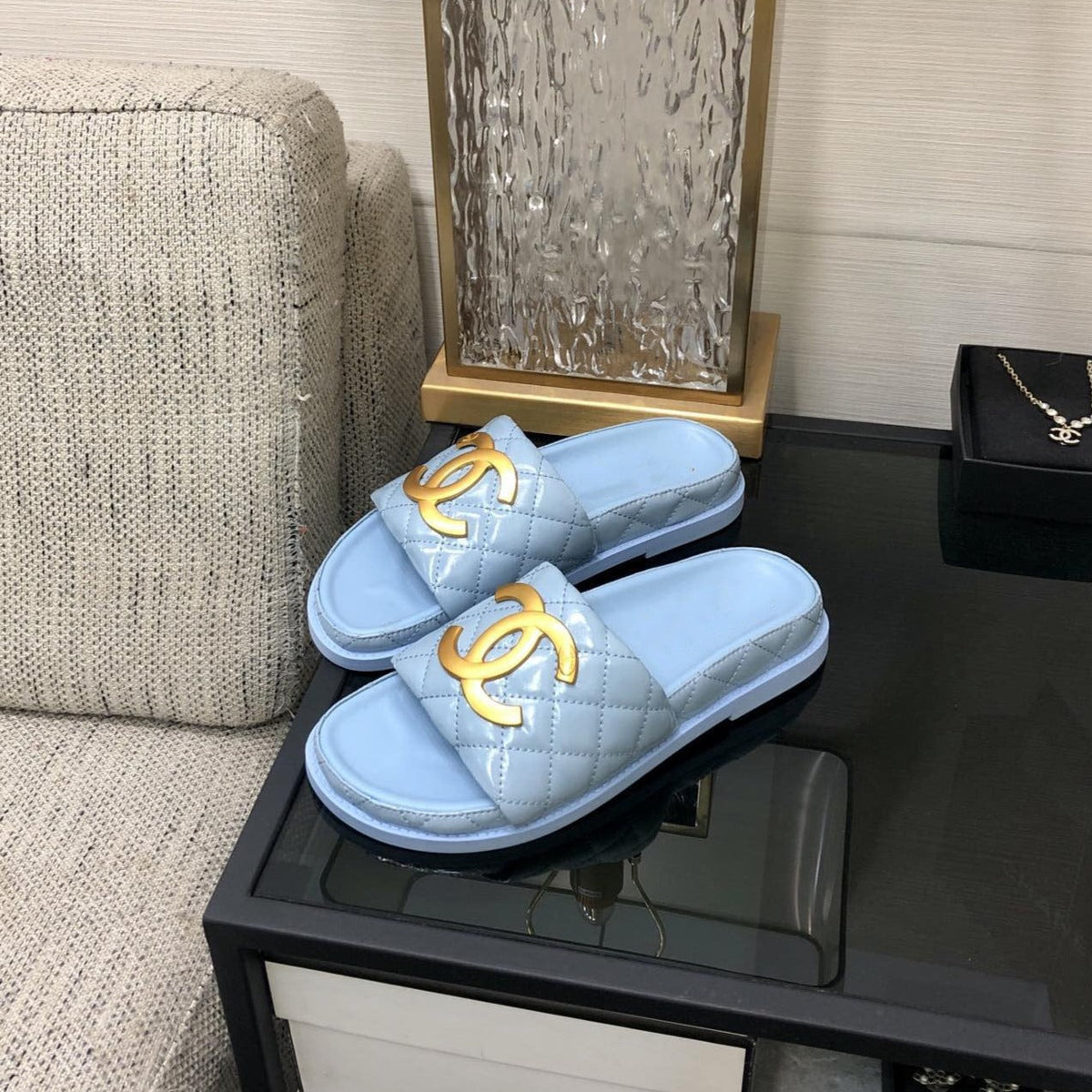 mule sandal 30 cloud blue quilted waxed leather
