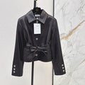 New Fashion Women CC Waist Tie Bow Leather Jacket DM1326091418