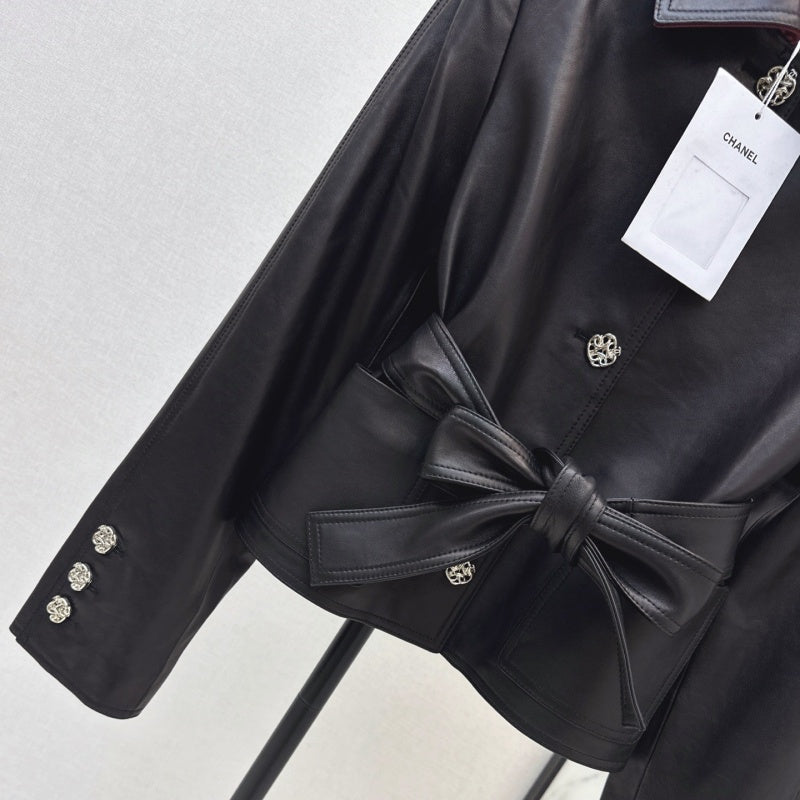 New Fashion Women CC Waist Tie Bow Leather Jacket DM1326091418