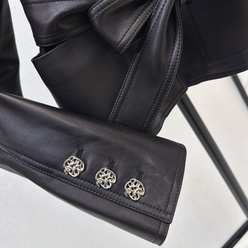 New Fashion Women CC Waist Tie Bow Leather Jacket DM1326091418