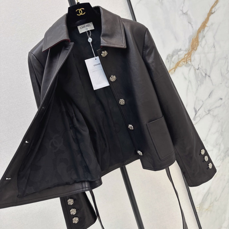 New Fashion Women CC Waist Tie Bow Leather Jacket DM1326091418
