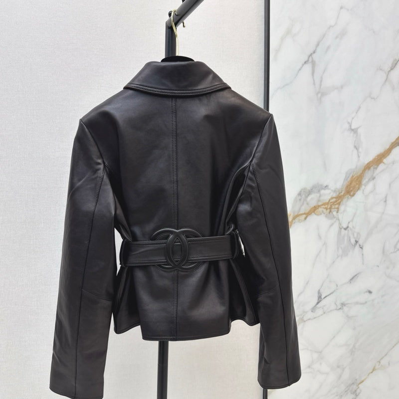 New Fashion Women CC Waist Tie Bow Leather Jacket DM1326091418