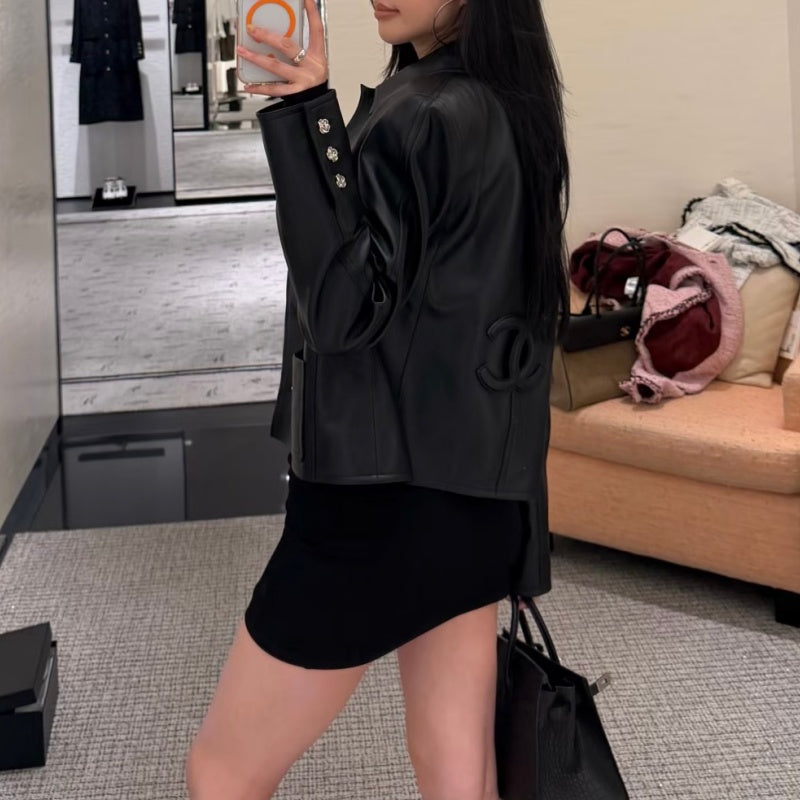New Fashion Women CC Waist Tie Bow Leather Jacket DM1326091418