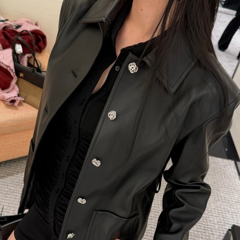 New Fashion Women CC Waist Tie Bow Leather Jacket DM1326091418