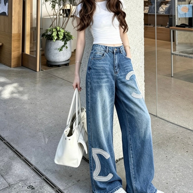New Fashion Women CC Beaded Wide Leg Jeans DM1326091419