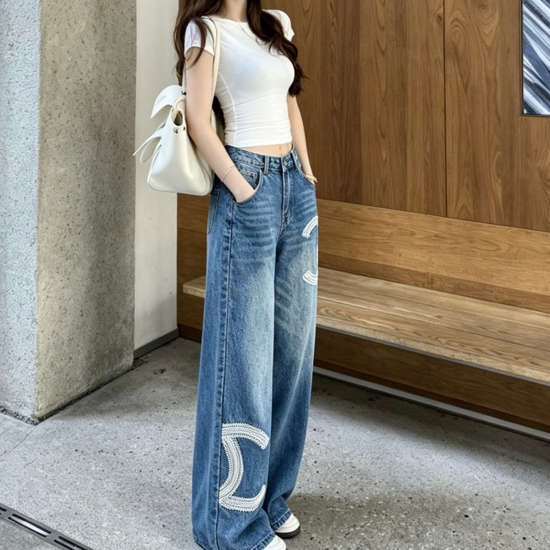 New Fashion Women CC Beaded Wide Leg Jeans DM1326091419