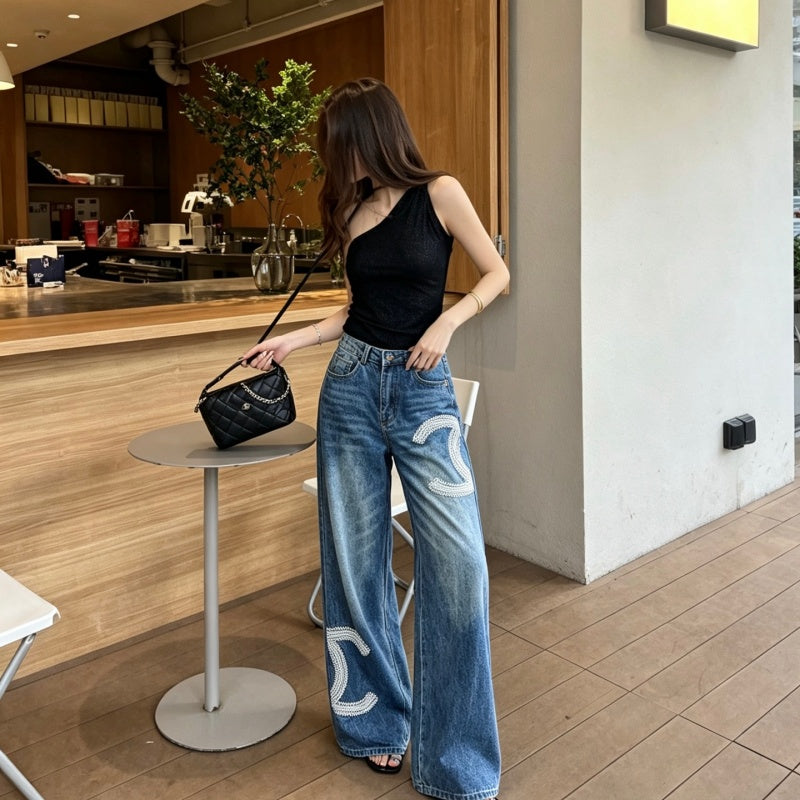 New Fashion Women CC Beaded Wide Leg Jeans DM1326091419