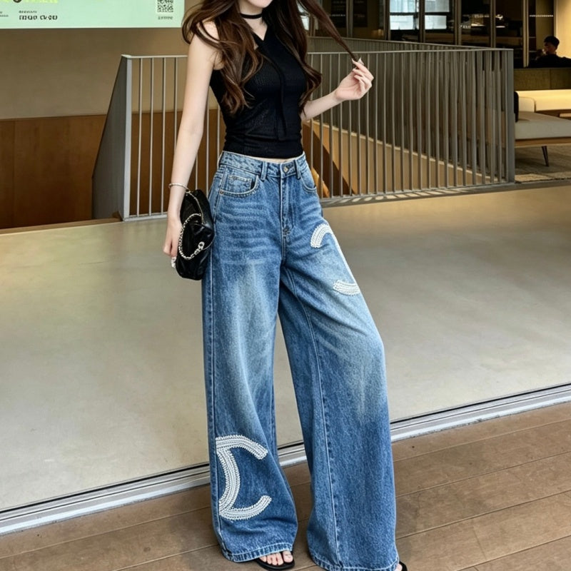 New Fashion Women CC Beaded Wide Leg Jeans DM1326091419