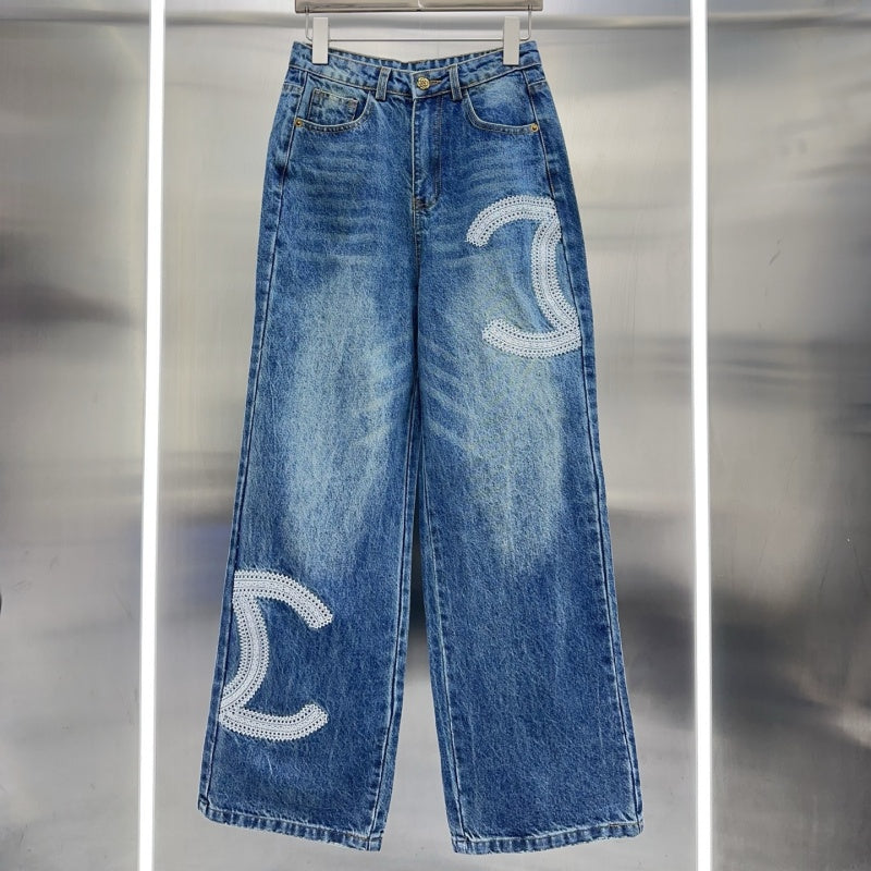 New Fashion Women CC Beaded Wide Leg Jeans DM1326091419