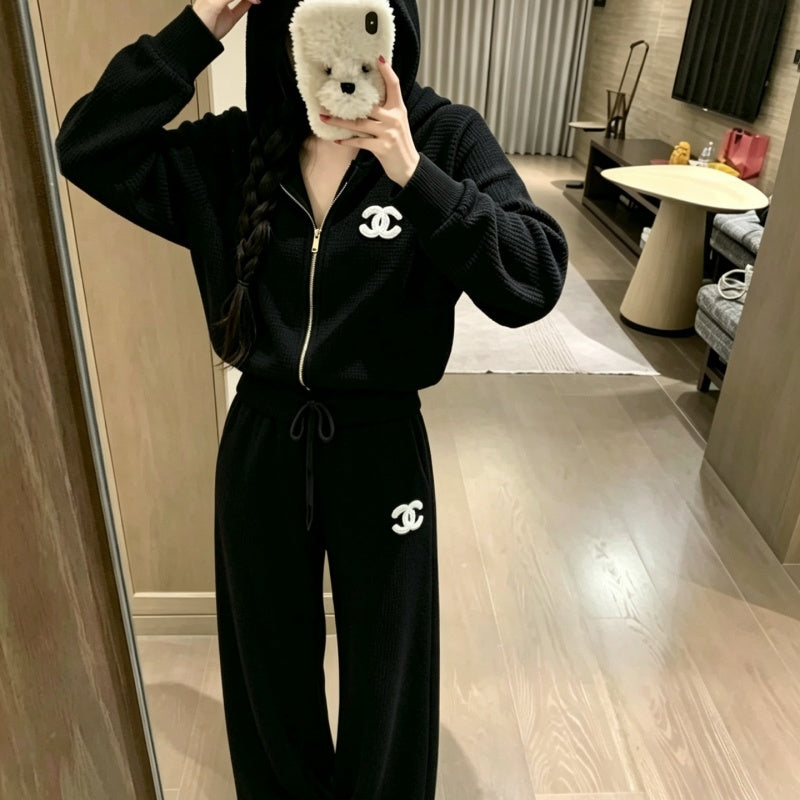 New Fashion Women CC Waffle Hooded Casual Tracksuit DM1326091420
