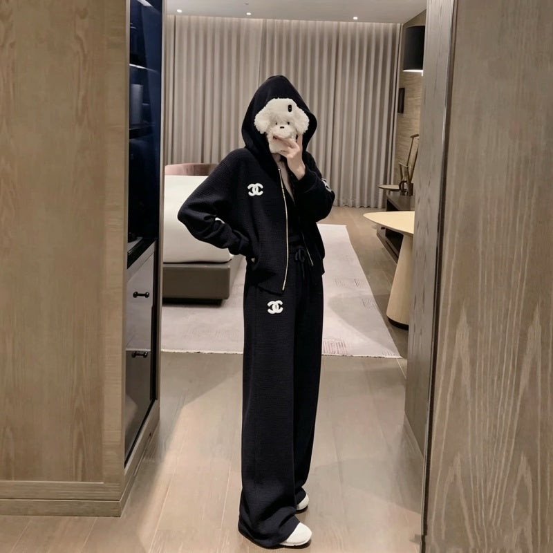 New Fashion Women CC Waffle Hooded Casual Tracksuit DM1326091420