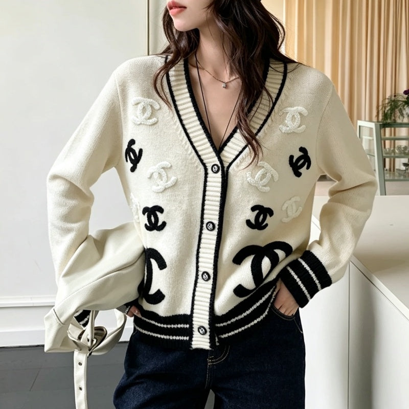 New Fashion Women CC Contrast V-Neck Knit Cardigan DM1326091422