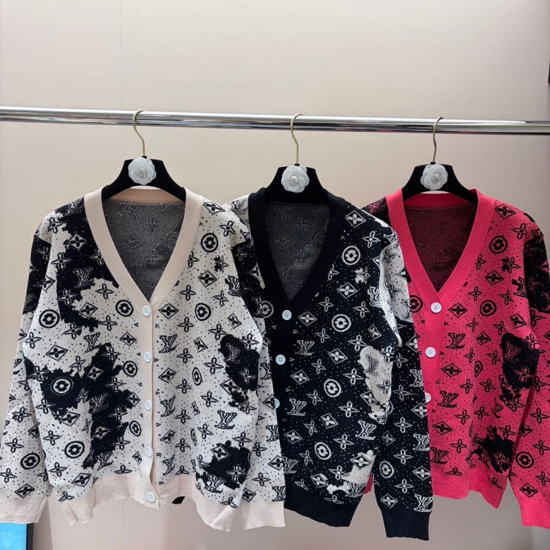 New Fashion Women All Over Print V-Neck Knit Cardigan DM1326091423