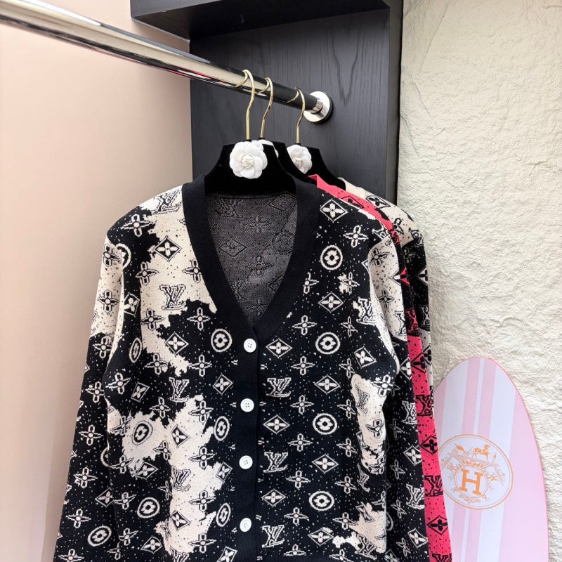 New Fashion Women All Over Print V-Neck Knit Cardigan DM1326091423