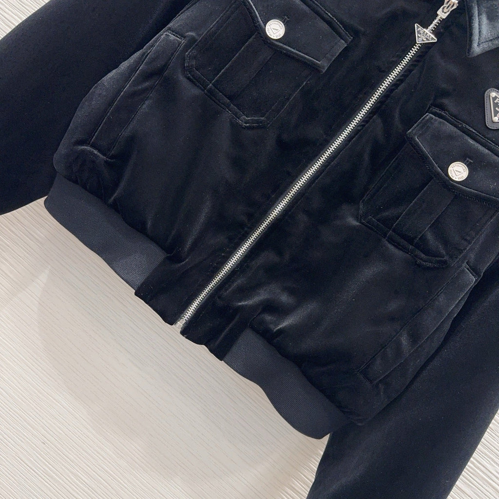 New Fashion Women PR Velvet Collared Cropped Jacket 1326091425