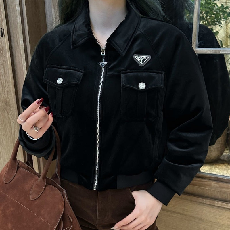 New Fashion Women PR Velvet Collared Cropped Jacket 1326091425
