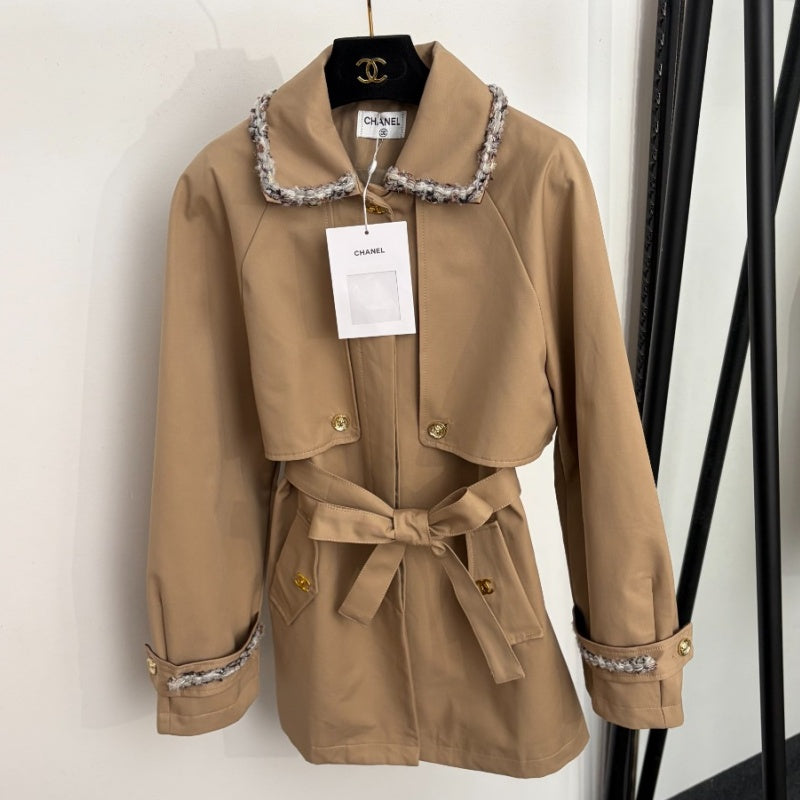 New Fashion Women's CC Tweed Trim Belted Trench Coat DM1326100801