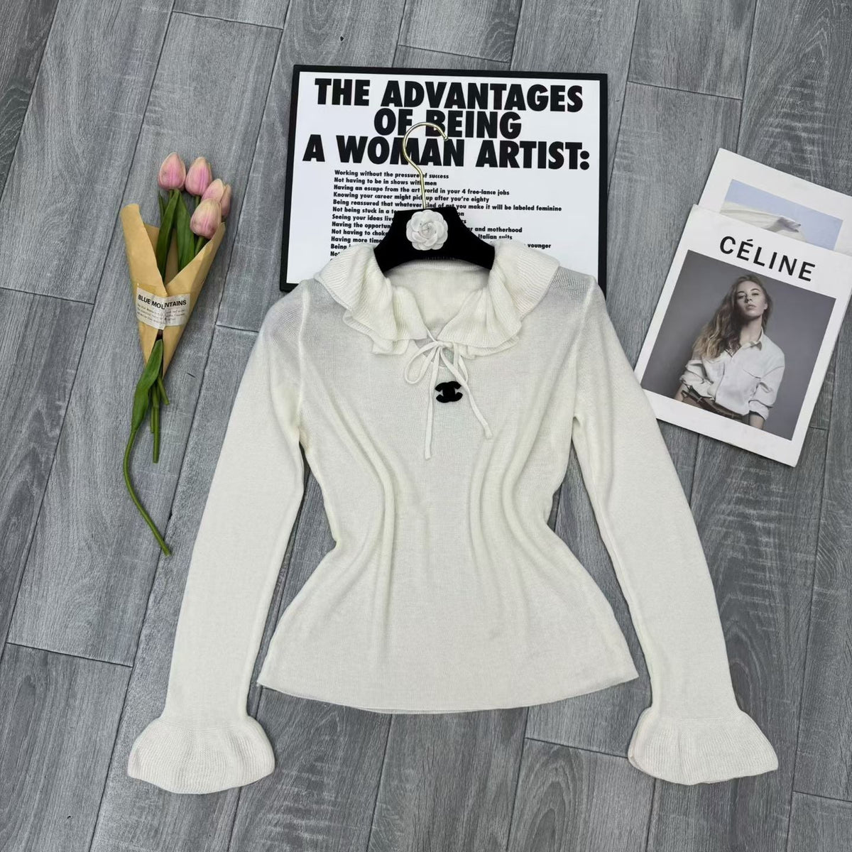 New Fashion Women's CC Ruffle Collar Tie Waist Knit Base Top DM1326100804