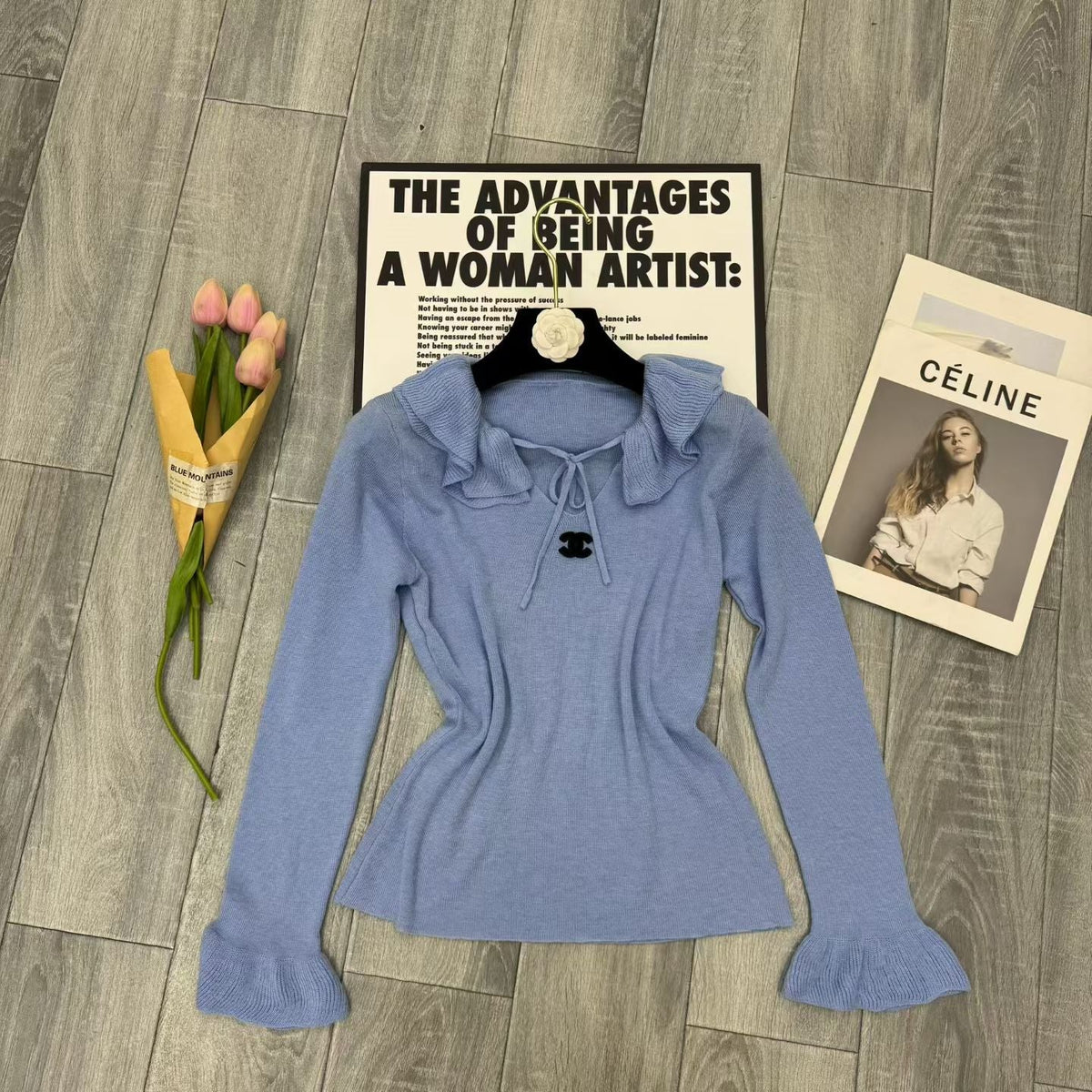New Fashion Women's CC Ruffle Collar Tie Waist Knit Base Top DM1326100804