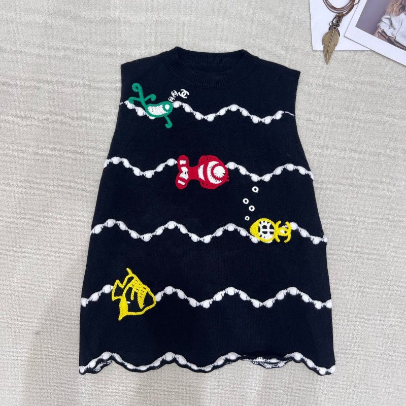 New Fashion Women's CC Cartoon Fish Embroidery Knit Vest CQQ1326100808
