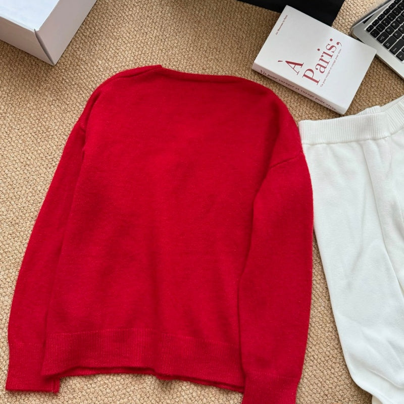 New Fashion Women's CC Christmas Red V-Neck Knit Sweater DM1326100813