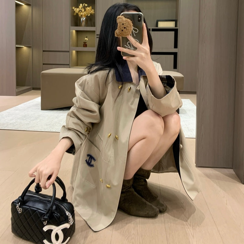 New Fashion Women's CC Plaid Cuff Loose Trench Coat DM1326100817