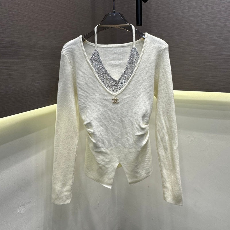 New Fashion Women's CC V Neck Halter Sequin Ruched Knit Top DM1326100823