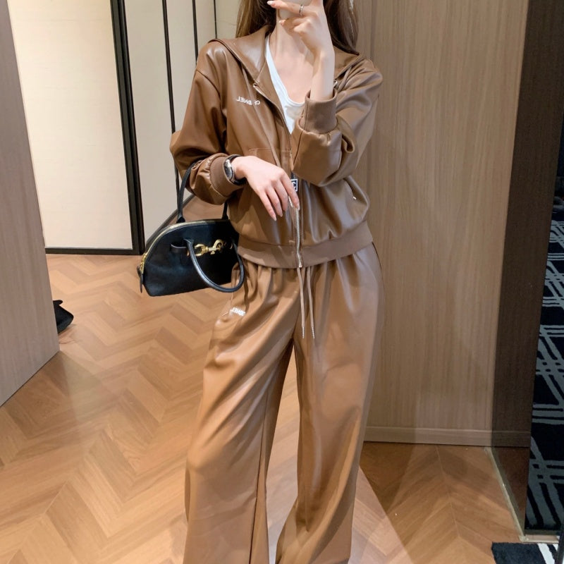 New Fashion Women's CC Hooded PU Leather 2 Piece Set DM1326100826