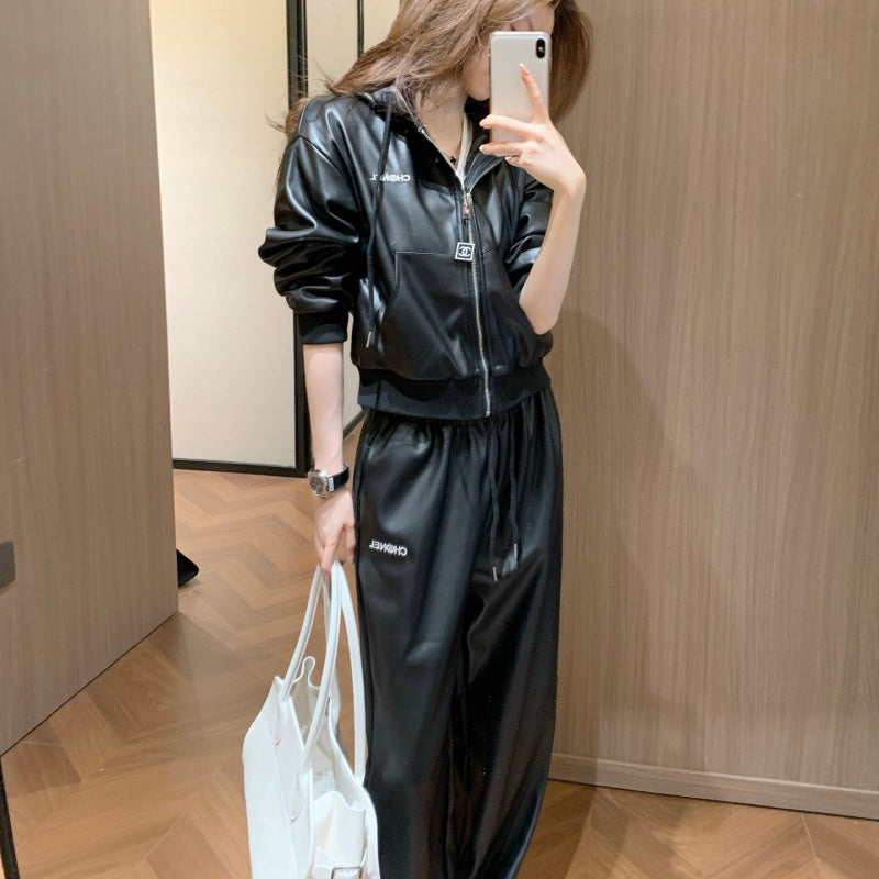 New Fashion Women's CC Hooded PU Leather 2 Piece Set DM1326100826