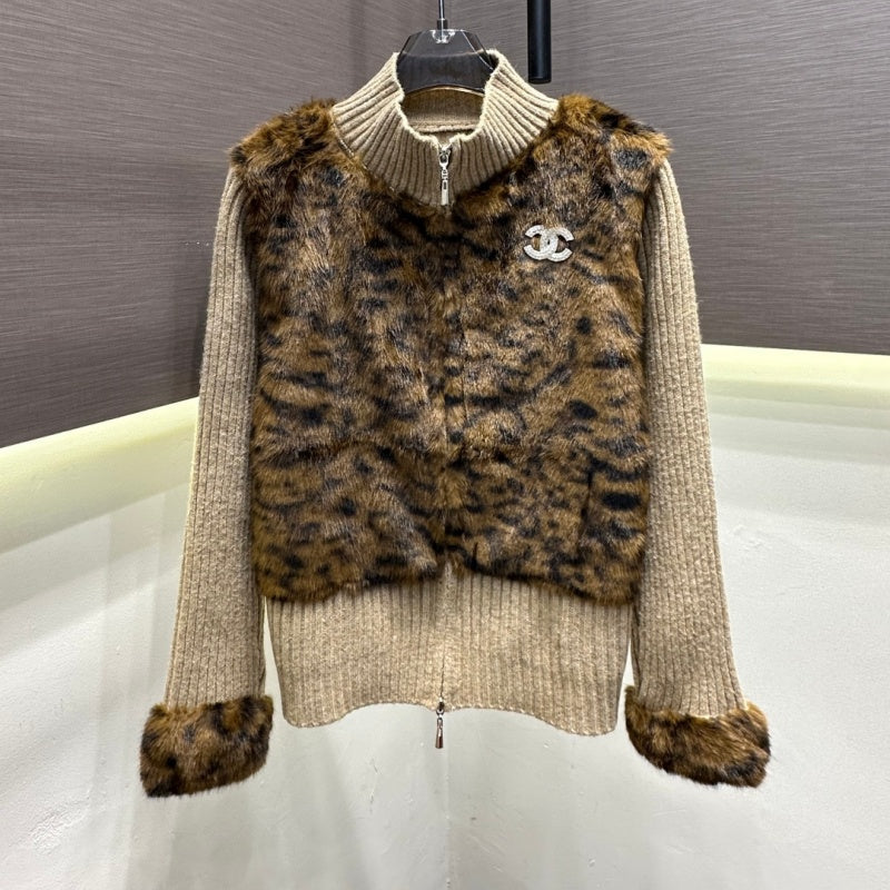 New Fashion Women's CC Leopard Faux Fur Spliced Knit Cardigan DM1326100828