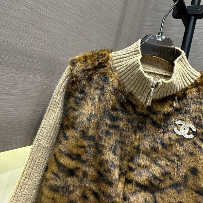New Fashion Women's CC Leopard Faux Fur Spliced Knit Cardigan DM1326100828