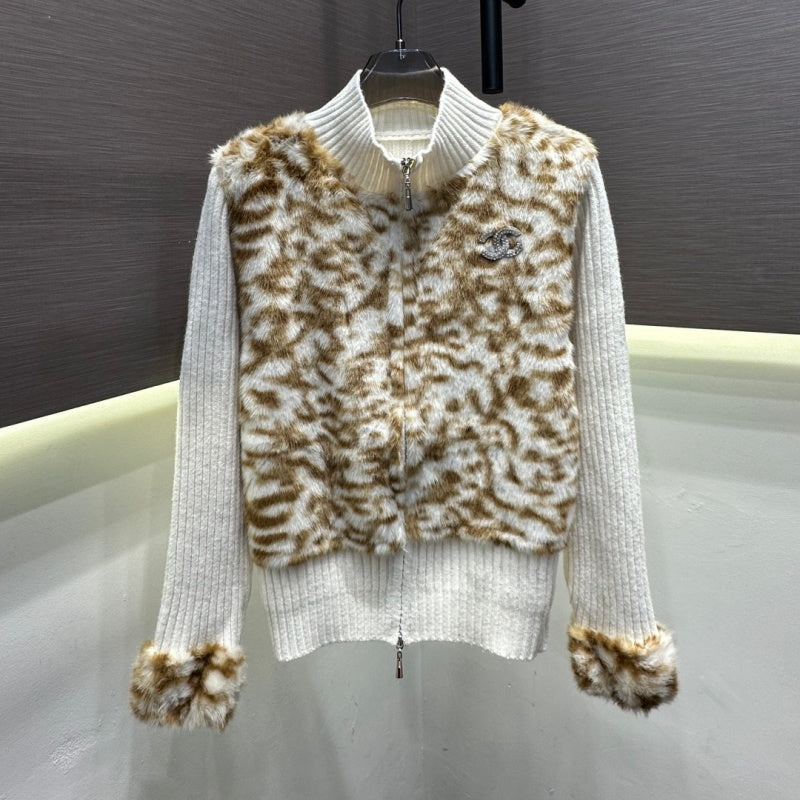 New Fashion Women's CC Leopard Faux Fur Spliced Knit Cardigan DM1326100828