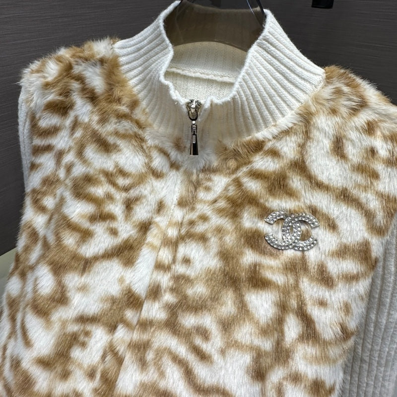 New Fashion Women's CC Leopard Faux Fur Spliced Knit Cardigan DM1326100828